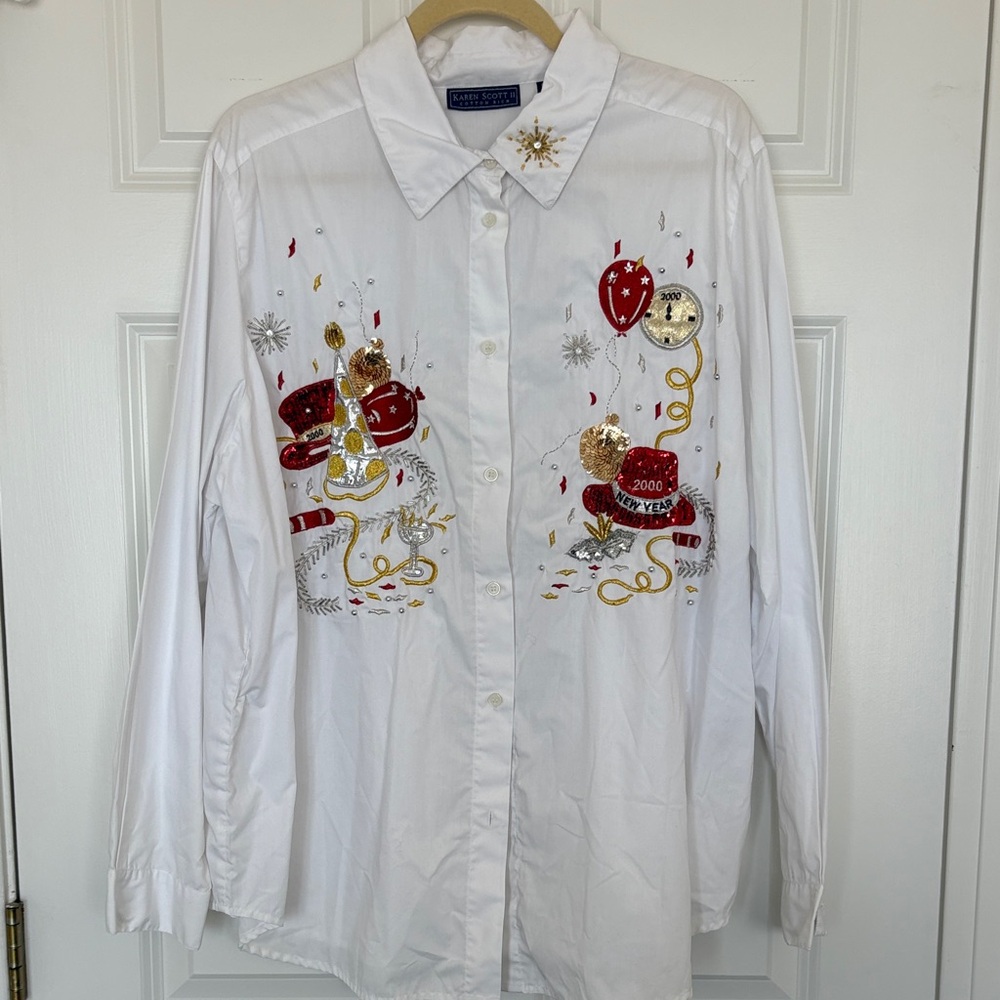 Vintage Happy New Year 2000 Karen Scott White Button-Down w/ Red and Gold Beads
